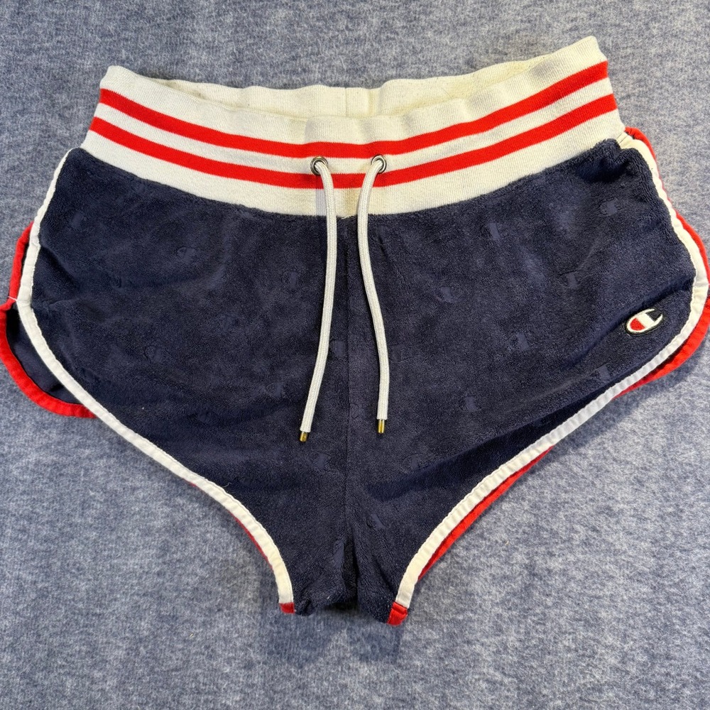 Champion Terry Cloth Womens Shorts Navy Blue Red White Size Small